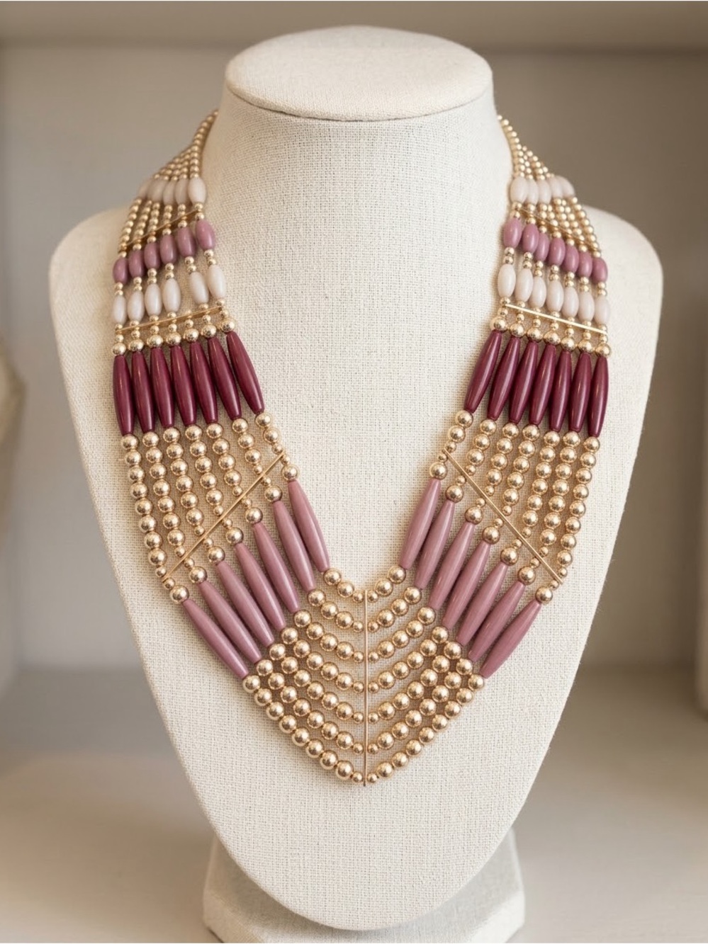 Layered Pink and Gold Beaded Statement Necklace - Women Jewelry